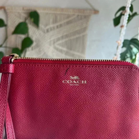 Coach Red Saffiano Leather Wristlet Pouch | Zip-Top Small Clutch | Wallet - Picture 3 of 11